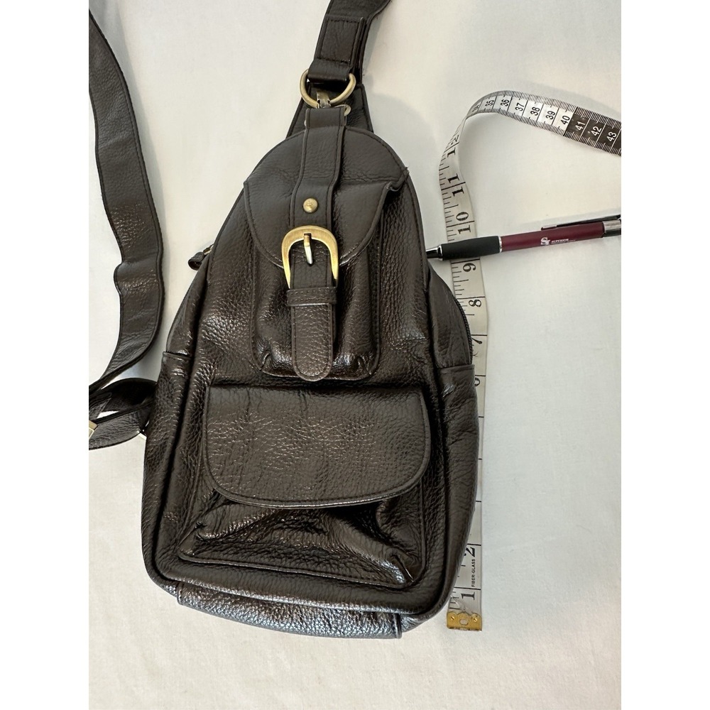 Black Leather Messenger Sling Bag with Gold Buckle - Picture 5 of 8
